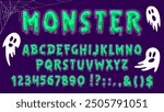 Halloween scary font, monster type, zombie typeface, spooky Helloween alphabet vector typography set. Vector green slime letters and numbers font with Halloween holiday horror ghost characters