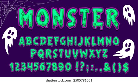 Halloween Gruselschrift, Monster Typ, Zombie Schriftart, gespenstische Helloween Alphabet Vektor Typografie Set. Vektor grüne Schleim Buchstaben und Zahlen Schriftart mit Halloween Feiertag Horror Geisterfiguren