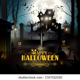Halloween scary forest with old house and cemetery in the woods
