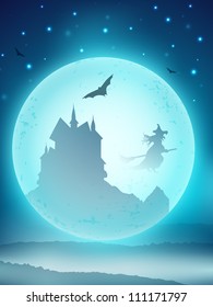 Halloween scary full moon night background haunted house, flying witch and bats. EPS 10.