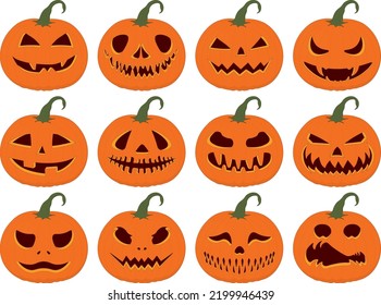 Halloween scary and funny Jack-O'-Lantern pumpkins collection vector illustration