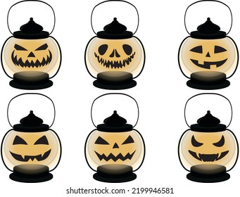 Halloween scary and funny Jack-O'-Lantern style lamps collection vector illustration
