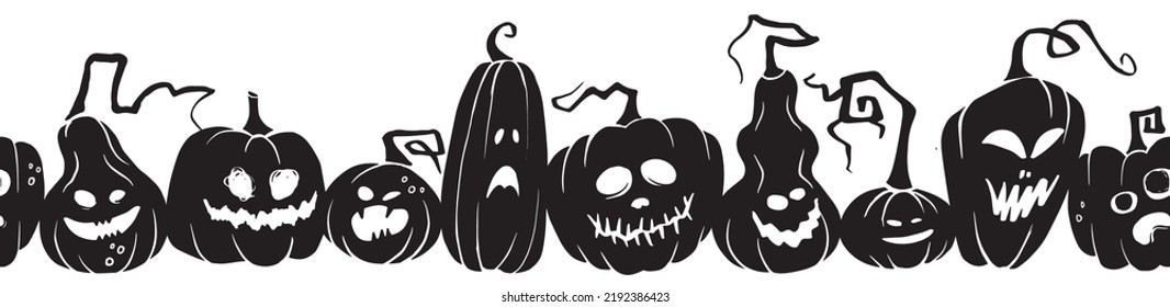 Halloween  scary and funny pumpkin seamless pattern.  Fun hand drawn vector silhouettes collection for  textiles, banners, wallpapers, wrapping design.