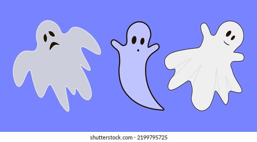 Halloween scary ghost cute and funny spooky monster. Isolated on blue background. Cartoon Vector Icon 