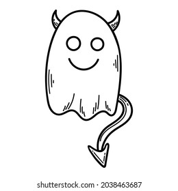 Halloween scary ghost devil costume. Doodle symbol of holiday horror drawn by line. The soul of the dead. Good evil. Black outline vector element. Day of the Spirits.