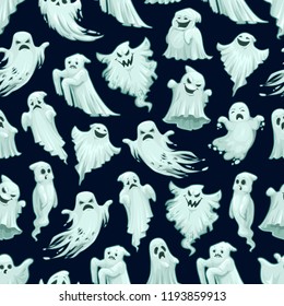 Halloween scary ghost pattern background of flying white ghost monster with scary horror face face. Vector cartoon seamless trick or treat party black design