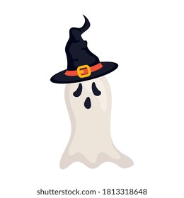 halloween, fantasma espeluznante usando bruja de sombrero en diseño de ilustraciones vectoriales de fondo blanco