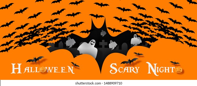 Halloween scary ghosts and graveyard in a giant bat made by masses of flying bats with "HALLOWEEN 
 SCARY NIGHT" wording on Halloween orange background. All in vector and web banner design.