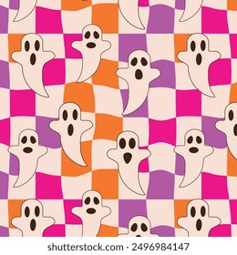 Halloween scary ghosts seamless pattern on warped checkerboards in pink, orange and purple. For Halloween fabric, textile and wrapping paper 