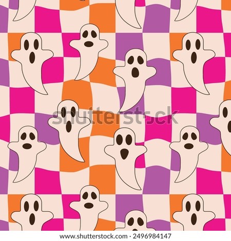Halloween scary ghosts seamless pattern on warped checkerboards in pink, orange and purple. For Halloween fabric, textile and wrapping paper 