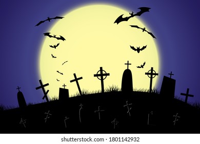 Halloween scary graveyard background with trees, crosses and bats. Halloween. Silhouette of a tombstone. Printed labels and decorations for office, crafts, template. Vector illustration