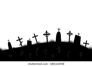 Halloween scary graveyard background with trees, crosses and bats. Halloween. Silhouette of a tombstone. Printed labels and decorations for office, crafts, template. Vector illustration