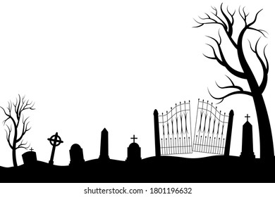 Halloween scary graveyard background with trees, crosses and bats. Halloween. Silhouette of a tombstone. Printed labels and decorations for office, crafts, template. Vector illustration