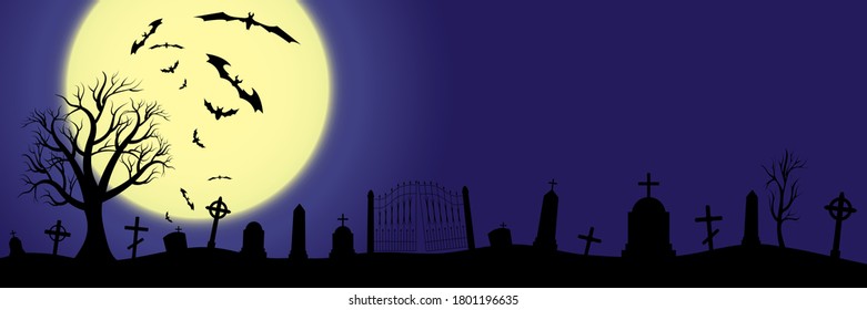 Halloween scary graveyard background with trees, crosses and bats. Halloween. Silhouette of a tombstone. Printed labels and decorations for office, crafts, template. Vector illustration