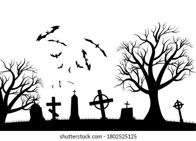 Halloween scary graveyard background with trees, crosses and bats. Halloween. Silhouette of a tombstone. Printed labels and decorations for office, crafts, template. Vector illustration