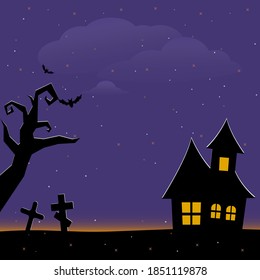 Halloween scary graveyard background with trees, crosses and bats. Halloween. Silhouette of a tombstone. Printed labels and decorations for office, crafts, template. Vector illustration