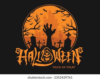 Halloween scary holiday colorful flyer with zombie hand crawling out of grave in graveyard and hooded skull vector illustration