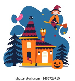 Halloween scary horror castle, witch on broomstick and owl, pumpkin and ghost vector. House with tentacle in window, building in forest, magic and mystery. Wild animal and fantastic creatures, night