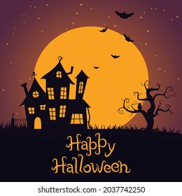 Halloween scary house banner with tree on the background of the sky and the moon and bats. Color vector illustration.