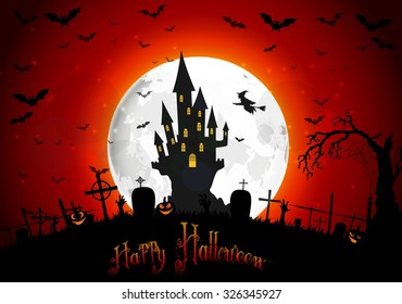 Halloween scary house on full moon background.Vector