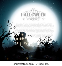 Halloween Scary House In The Woods And Big Moon With Place For Your Text