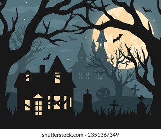 Halloween scary landscape sticker colorful with abandoned haunted house near cemetery and graves with full moon vector illustration