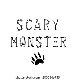 Halloween scary lettering phrase icons alphabet made of bones sticks. Scary monster. Werewolf footprint paw silhouette. Vector hand drawn illustration