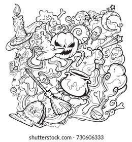 Halloween scary line art with pumpkin, witch hat, candle, skull, moon, potion, smoke, tombstone, broom, candy and stars, vector illustration isolated on white background, hand drawn in line art style