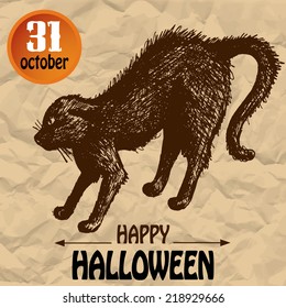 Halloween scary mad cat. Typographic poster background. Hand-drawn illustration. Vector design sketch