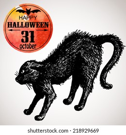 Halloween Scary Mad Cat. Typographic Poster Background. Hand-drawn Illustration And Watercolor. Vector Design Sketch