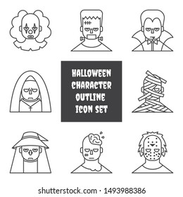 Halloween scary monster character outline icon set
