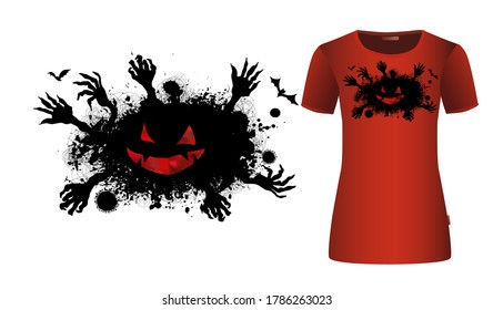 Halloween Scary monster with hands. T-shirt print. Vector illustration