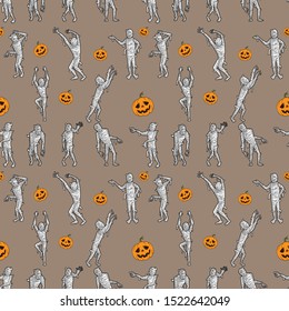 Halloween Scary mummy cartoon character with pumpkins seamless pattern and vector background