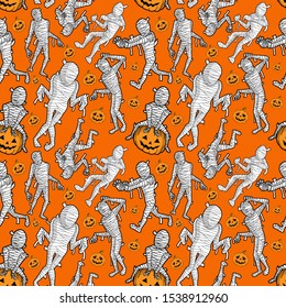 Halloween Scary mummy cartoon character with pumpkins seamless pattern and vector background