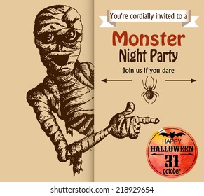 Halloween scary mummy. Typographic poster background. Hand-drawn illustration and watercolor. Vector design sketch