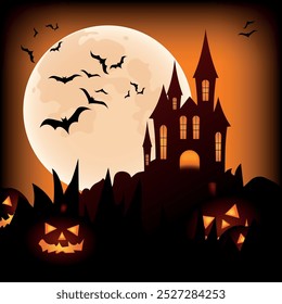 Halloween scary night with castle, full moon, bats and pumpkins. Vector illustration.