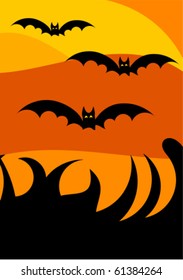 Halloween scary night landscape background  with flying bats