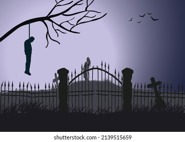 Halloween scary night a man hanging on a tree and graveyard vector illustration for 2d animation and cartoon.