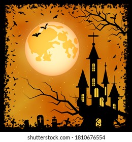 Halloween scary night vector background. Gothic castle, graveyard and bats illustration