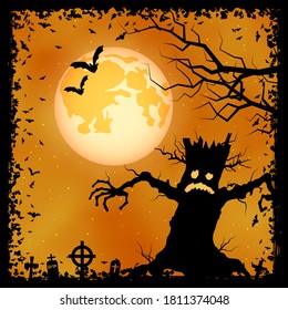 Halloween scary night vector background. Dead tree, graveyard and bats illustration