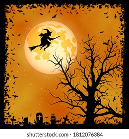 Halloween scary night vector background. Dead tree, graveyard and witch illustration
