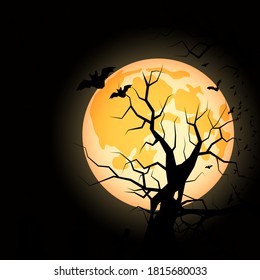 Halloween scary night vector background. Dead tree, graveyard and bats illustration
