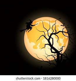 Halloween scary night vector background. Dead tree, graveyard and witch illustration