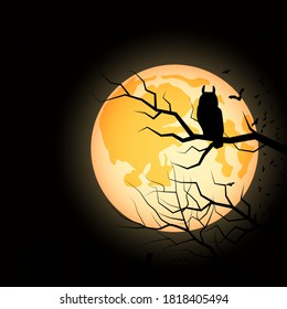 Halloween scary night vector background. Dead tree, graveyard and owl illustration