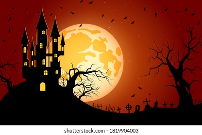 Halloween scary night vector background. Gothic castle, graveyard and bats illustration