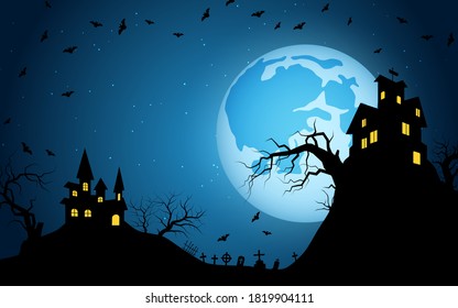 Halloween temible noche de fondo vectorial. Ilustración de la casa gótica, cementerio y murciélagos