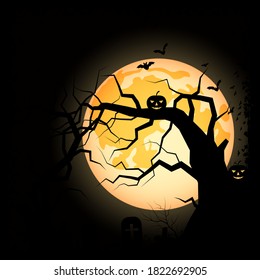 Halloween scary night vector background. Dead tree, graveyard and bats illustration