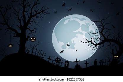 Halloween scary night vector background. Dead trees, graveyard and bats illustration