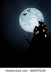 Halloween scary night vector background. Gothic castle, graveyard and bats illustration