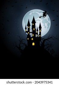 Halloween scary night vector background. Gothic castle, graveyard and witch illustration